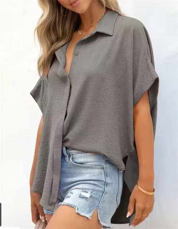 Crinkle Dolman Sleeve Button-Up Blouse - Grey
