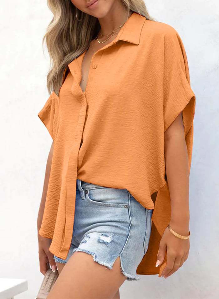 Crinkle Dolman Sleeve Button-Up Blouse - Orange