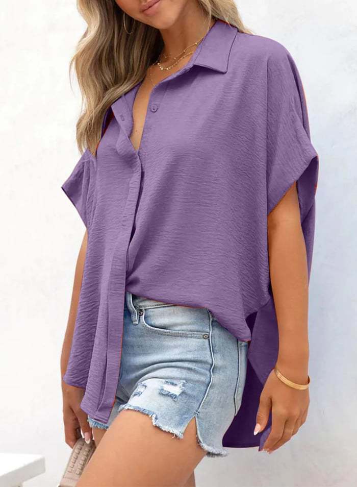 Crinkle Dolman Sleeve Button-Up Blouse - Purple
