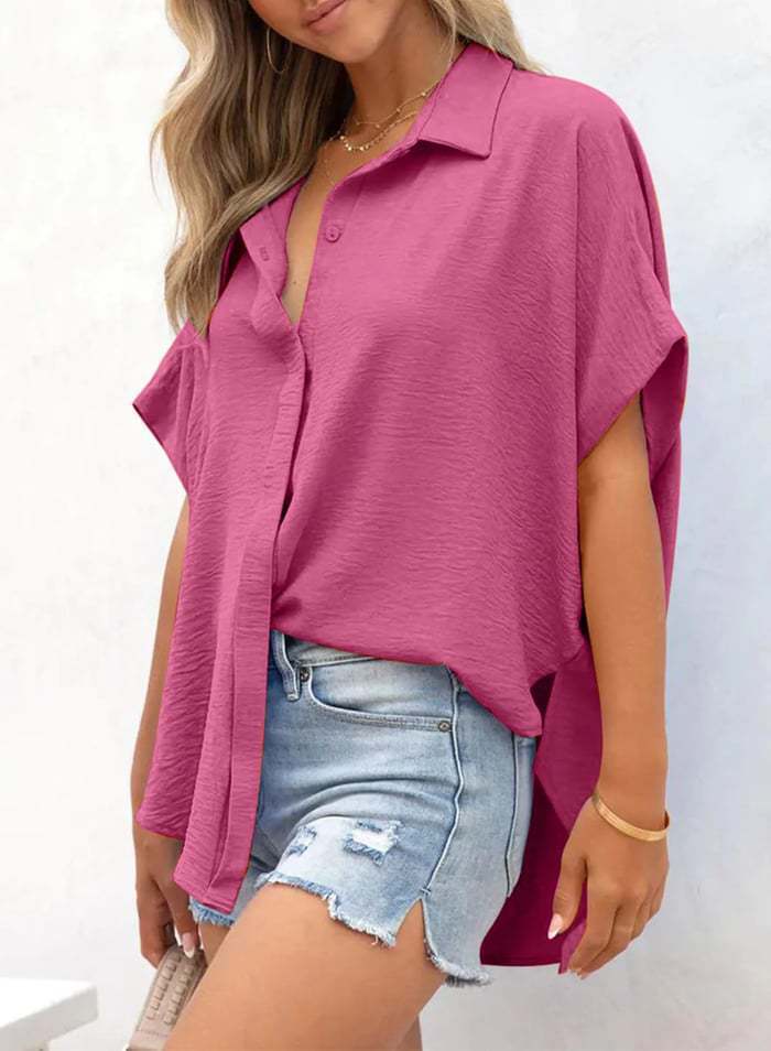 Crinkle Dolman Sleeve Button-Up Blouse - Rose