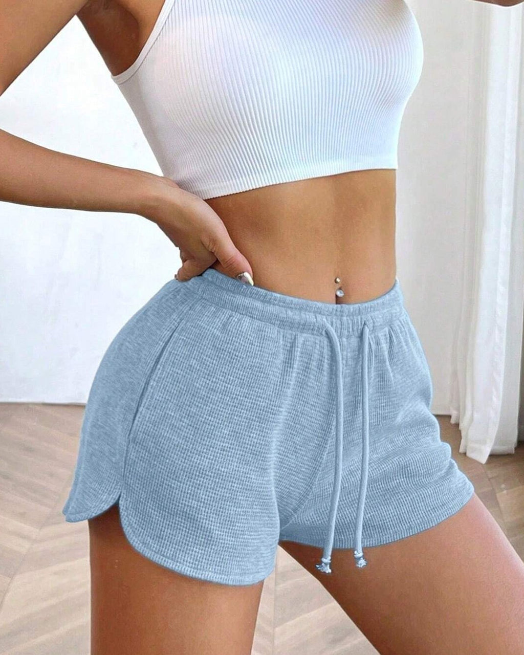 Waffle Knit Drawstring Lounge Shorts - Blue