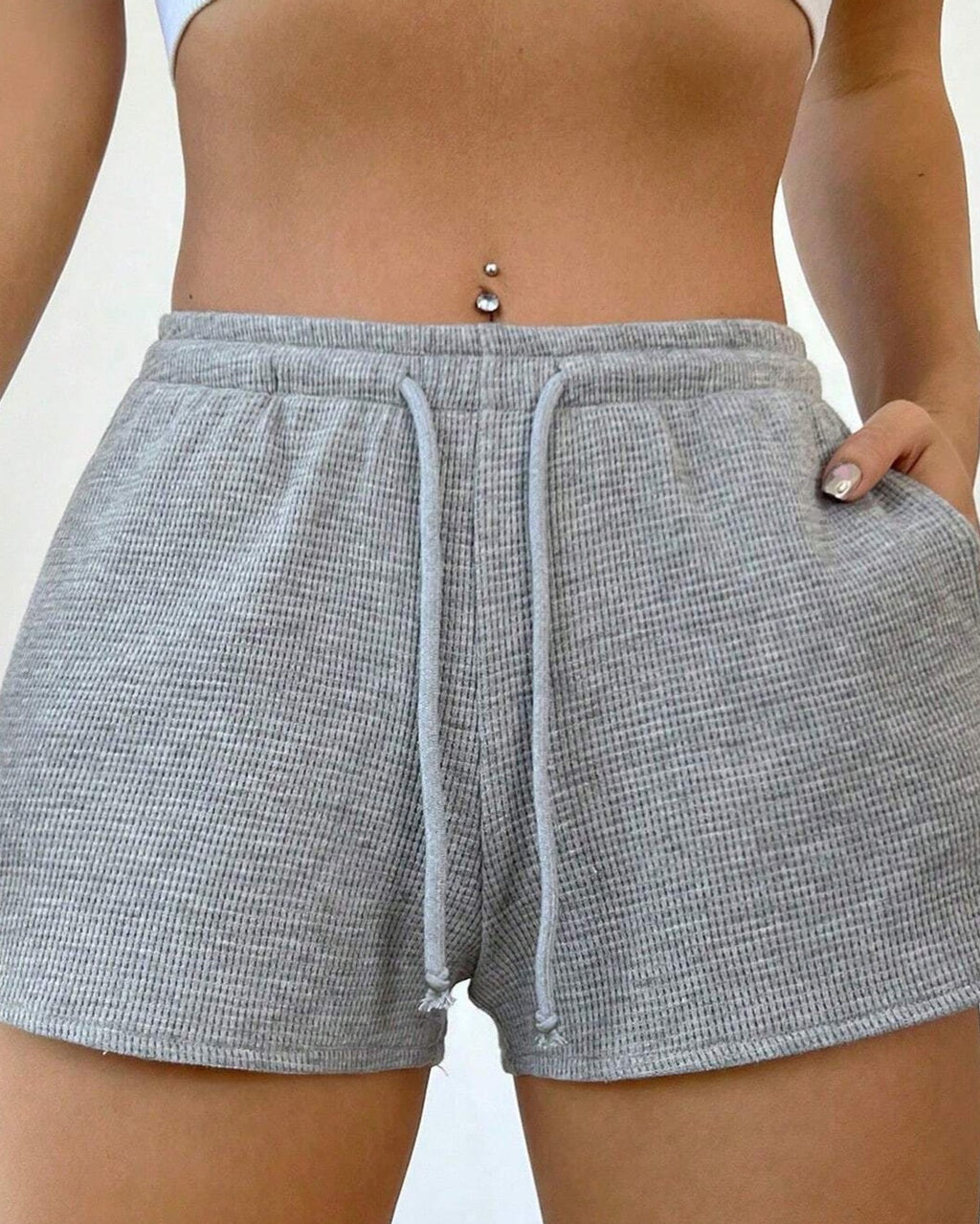 Waffle Knit Drawstring Lounge Shorts - Gray - 1