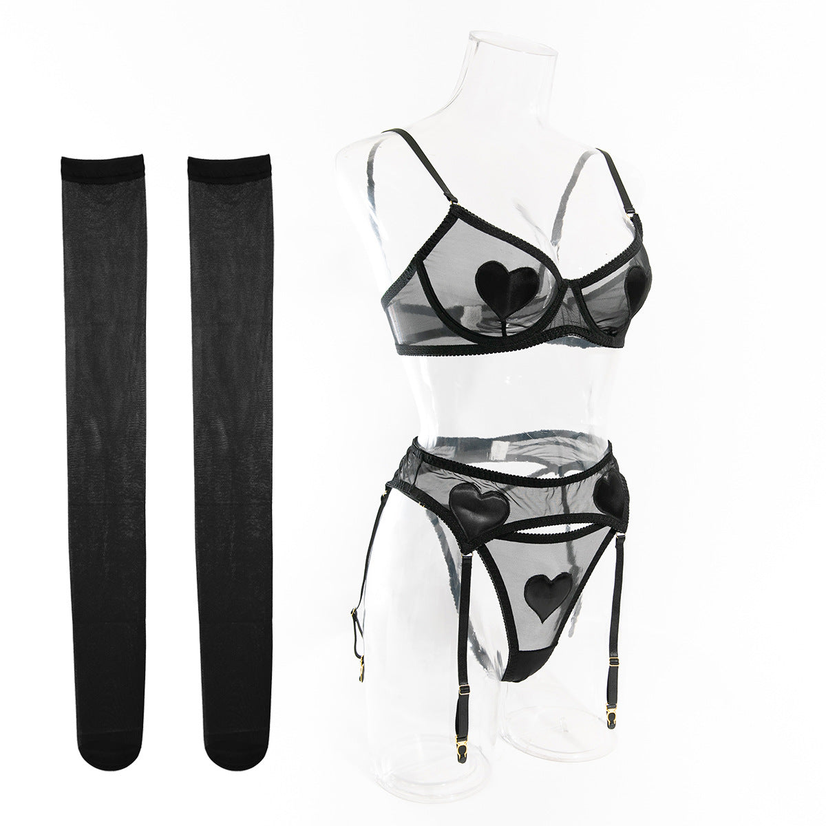 Heart Patch Mesh Bra Stocking Set - Black - 2