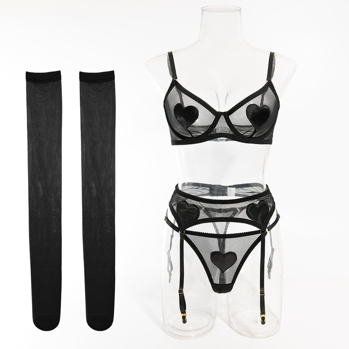 Heart Patch Mesh Bra Stocking Set - Black - 3