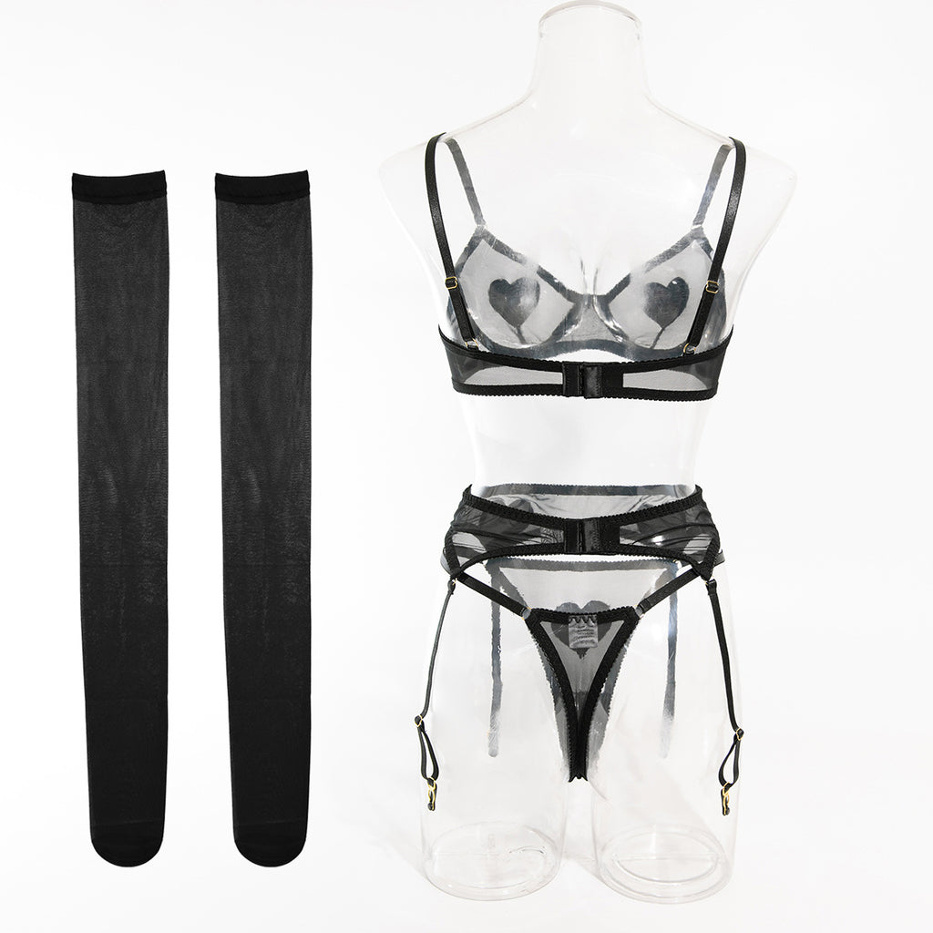 Heart Patch Mesh Bra Stocking Set - Black - 4