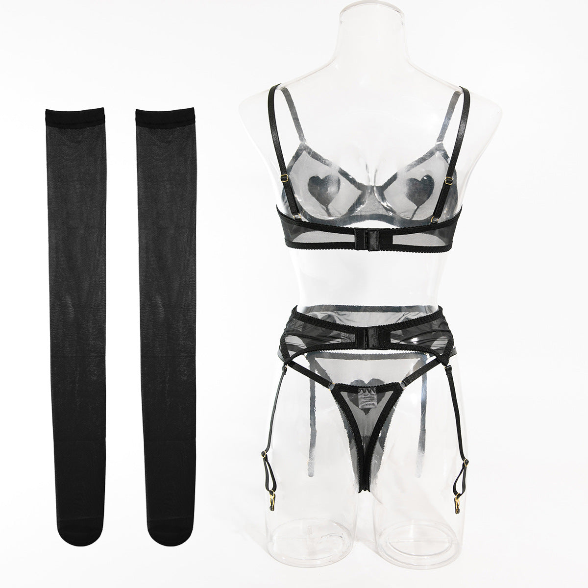 Heart Patch Mesh Bra Stocking Set - Black - 4
