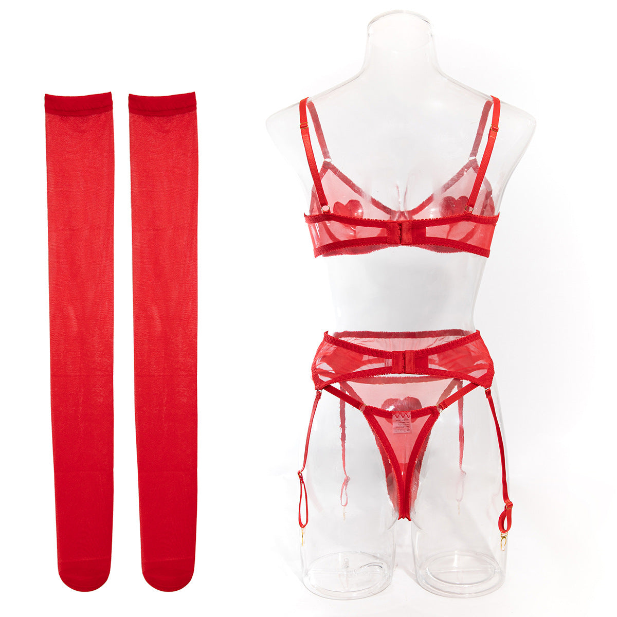 Heart Patch Mesh Bra Stocking Set - Red - 10