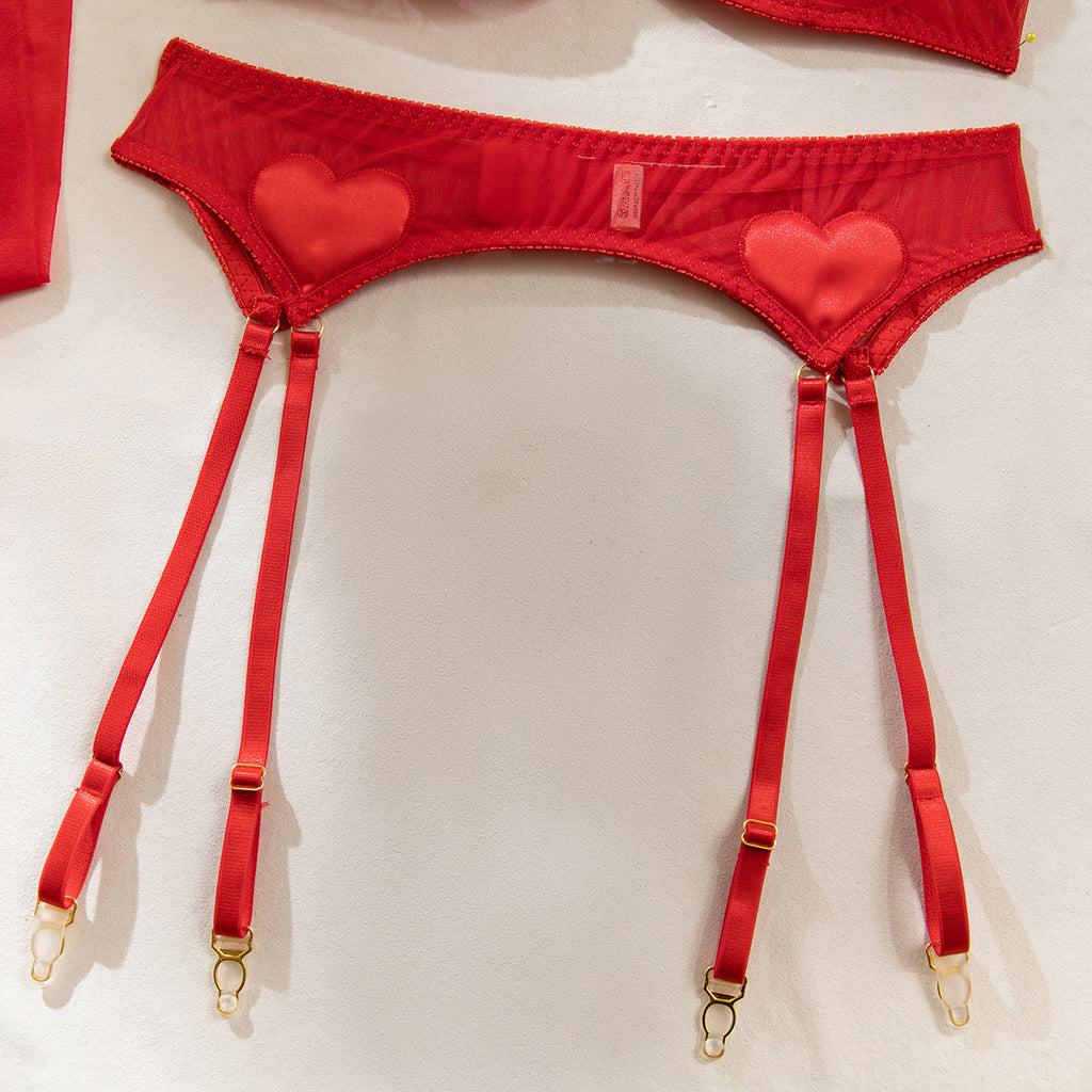 Heart Patch Mesh Bra Stocking Set - Red - 3