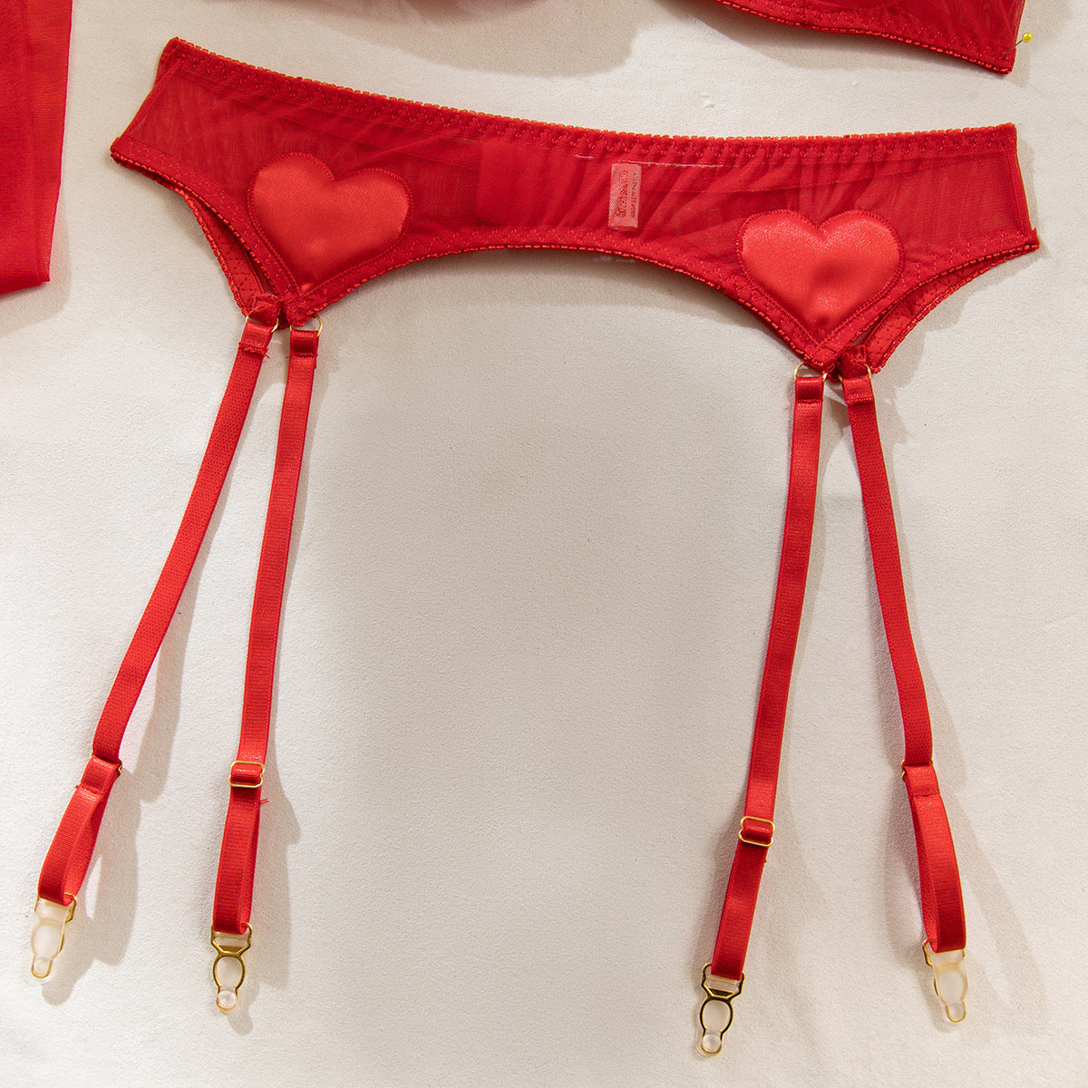 Heart Patch Mesh Bra Stocking Set - Red - 3