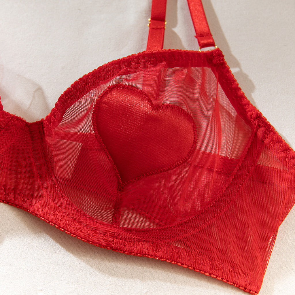 Heart Patch Mesh Bra Stocking Set - Red - 5