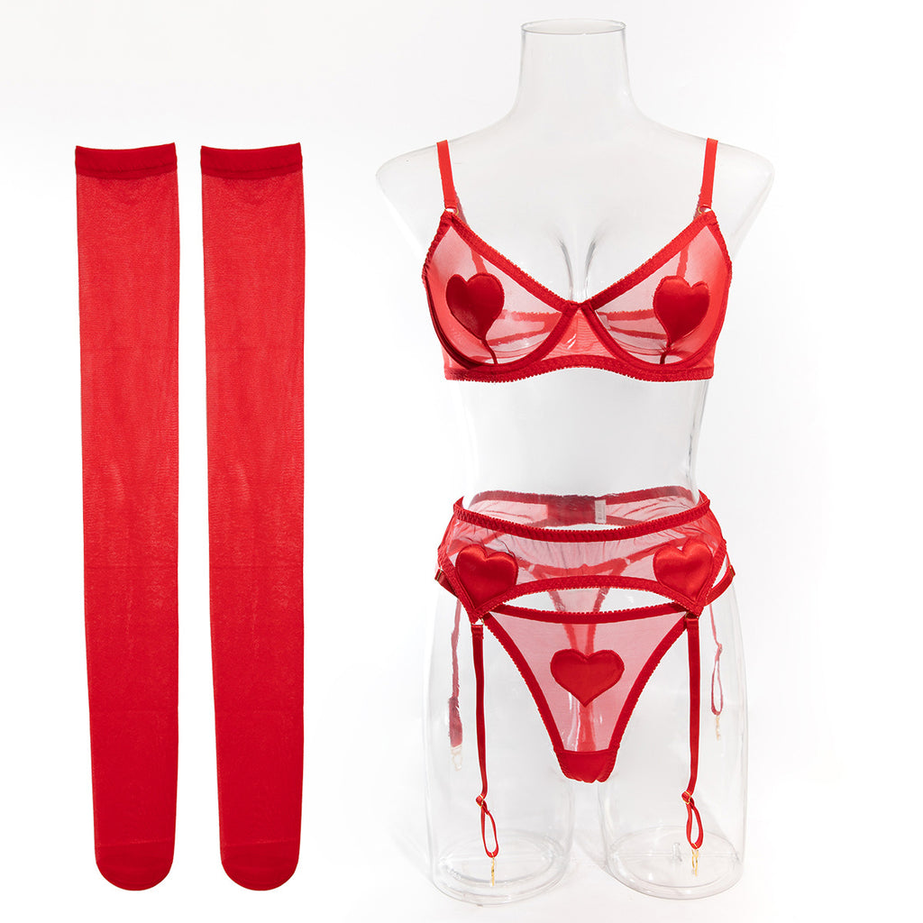 Heart Patch Mesh Bra Stocking Set - Red - 8