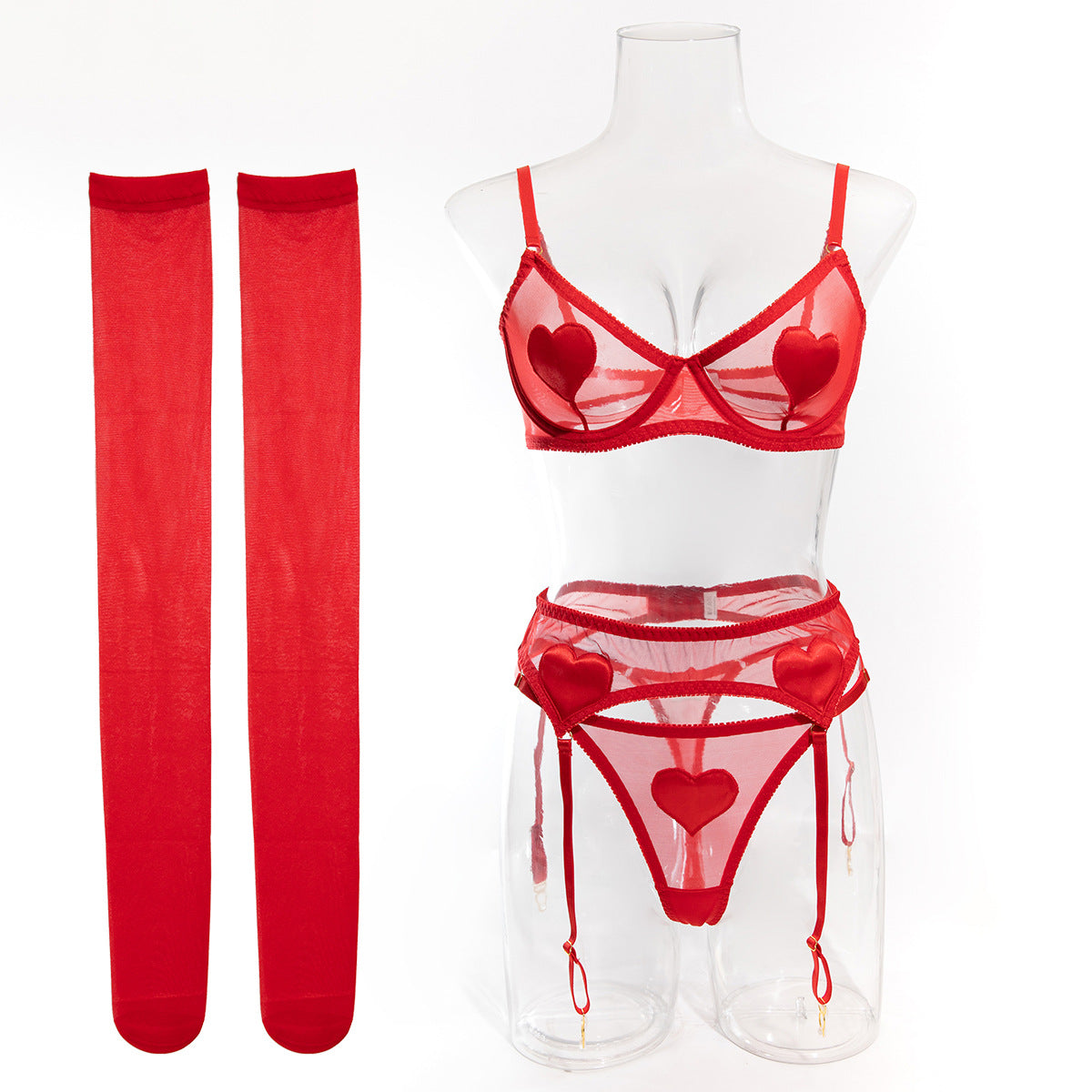 Heart Patch Mesh Bra Stocking Set - Red - 8