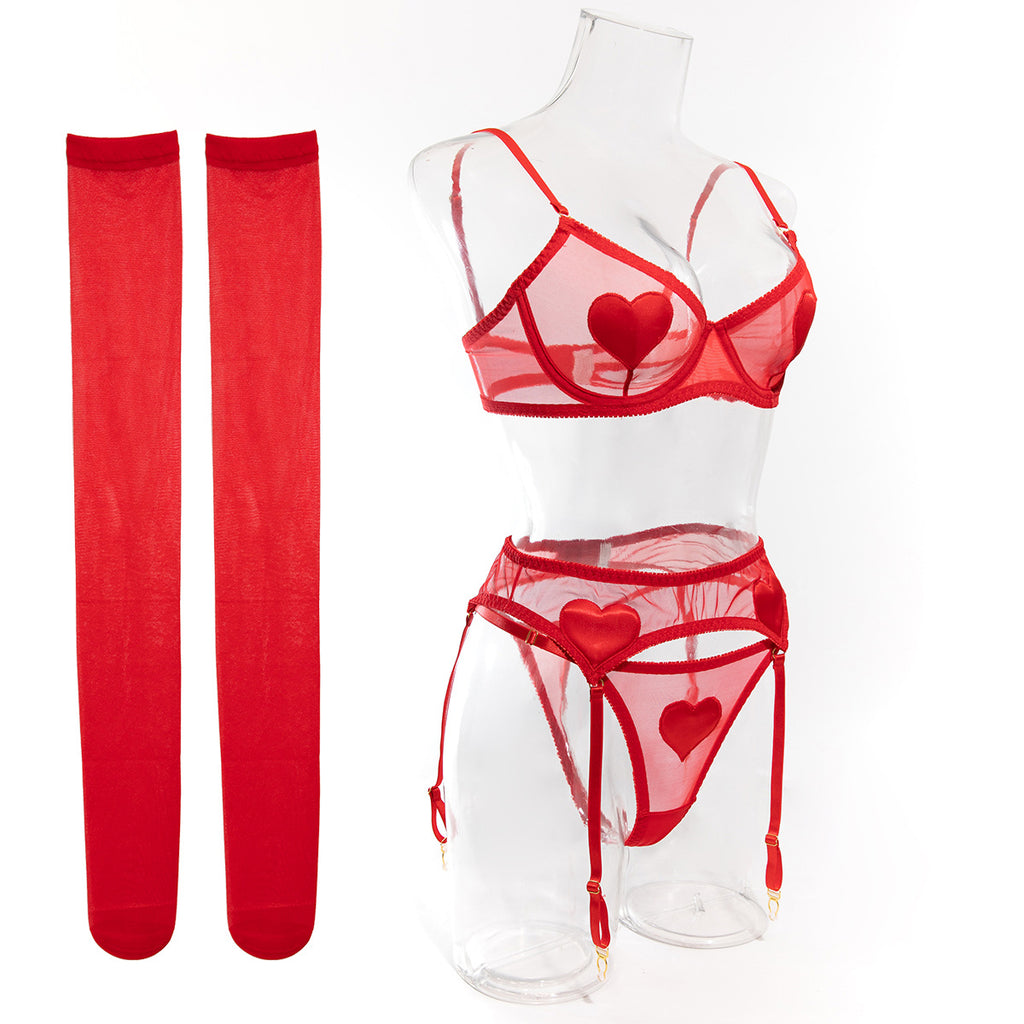 Heart Patch Mesh Bra Stocking Set - Red - 9
