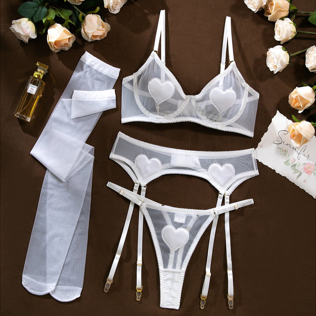 Heart Patch Mesh Bra Stocking Set - White