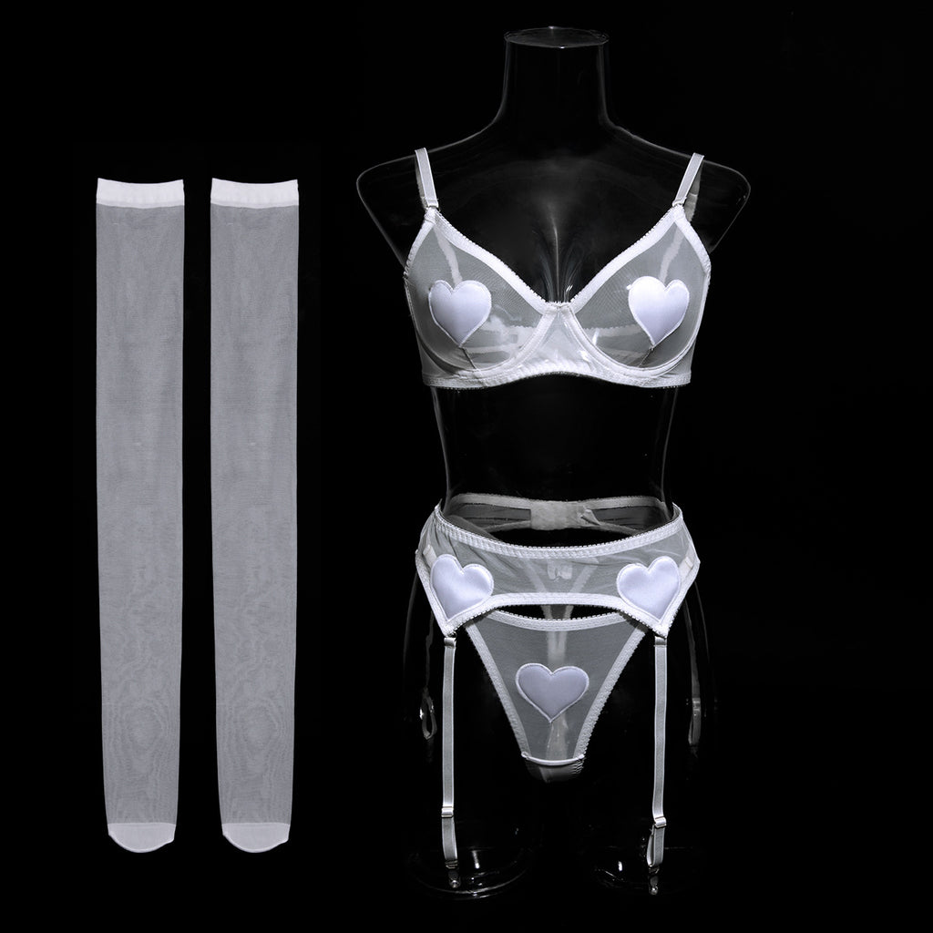 Heart Patch Mesh Bra Stocking Set - White - 1