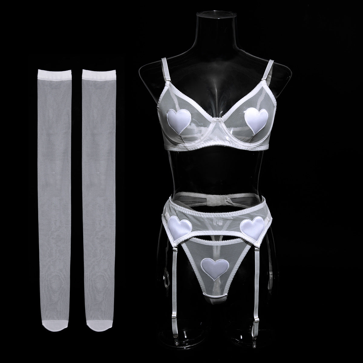 Heart Patch Mesh Bra Stocking Set - White - 1