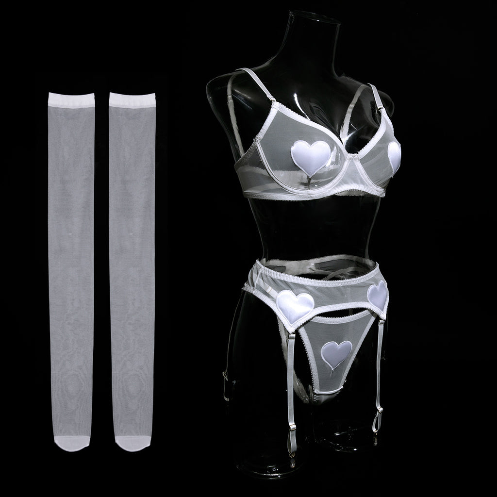 Heart Patch Mesh Bra Stocking Set - White - 2