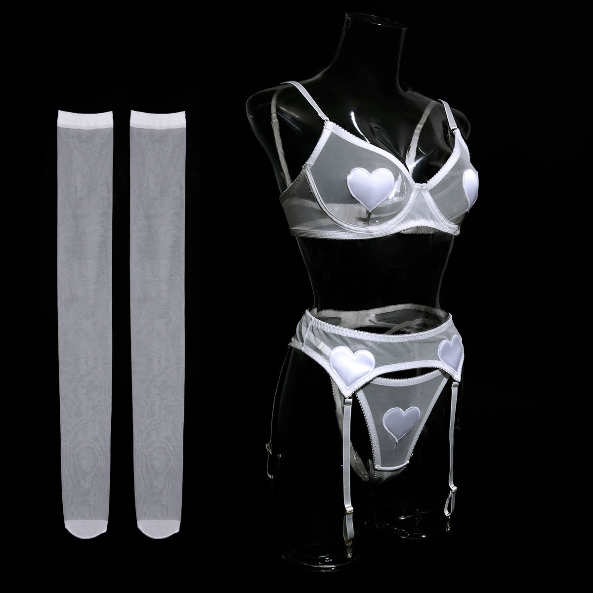 Heart Patch Mesh Bra Stocking Set - White - 2