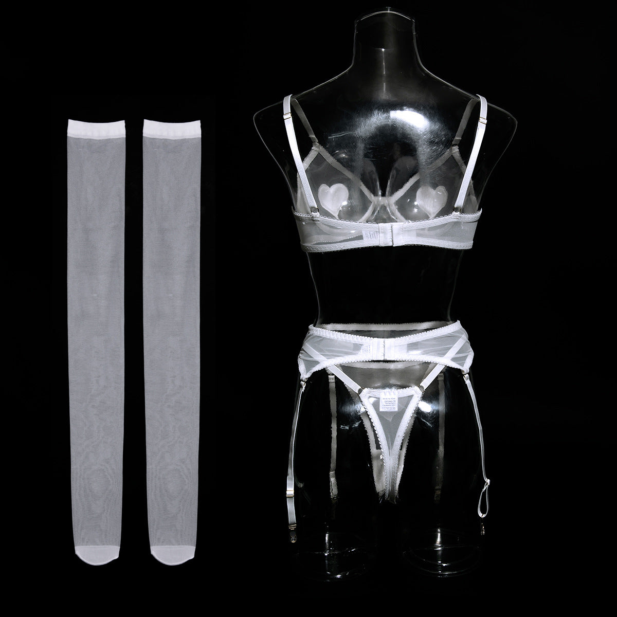 Heart Patch Mesh Bra Stocking Set - White - 3