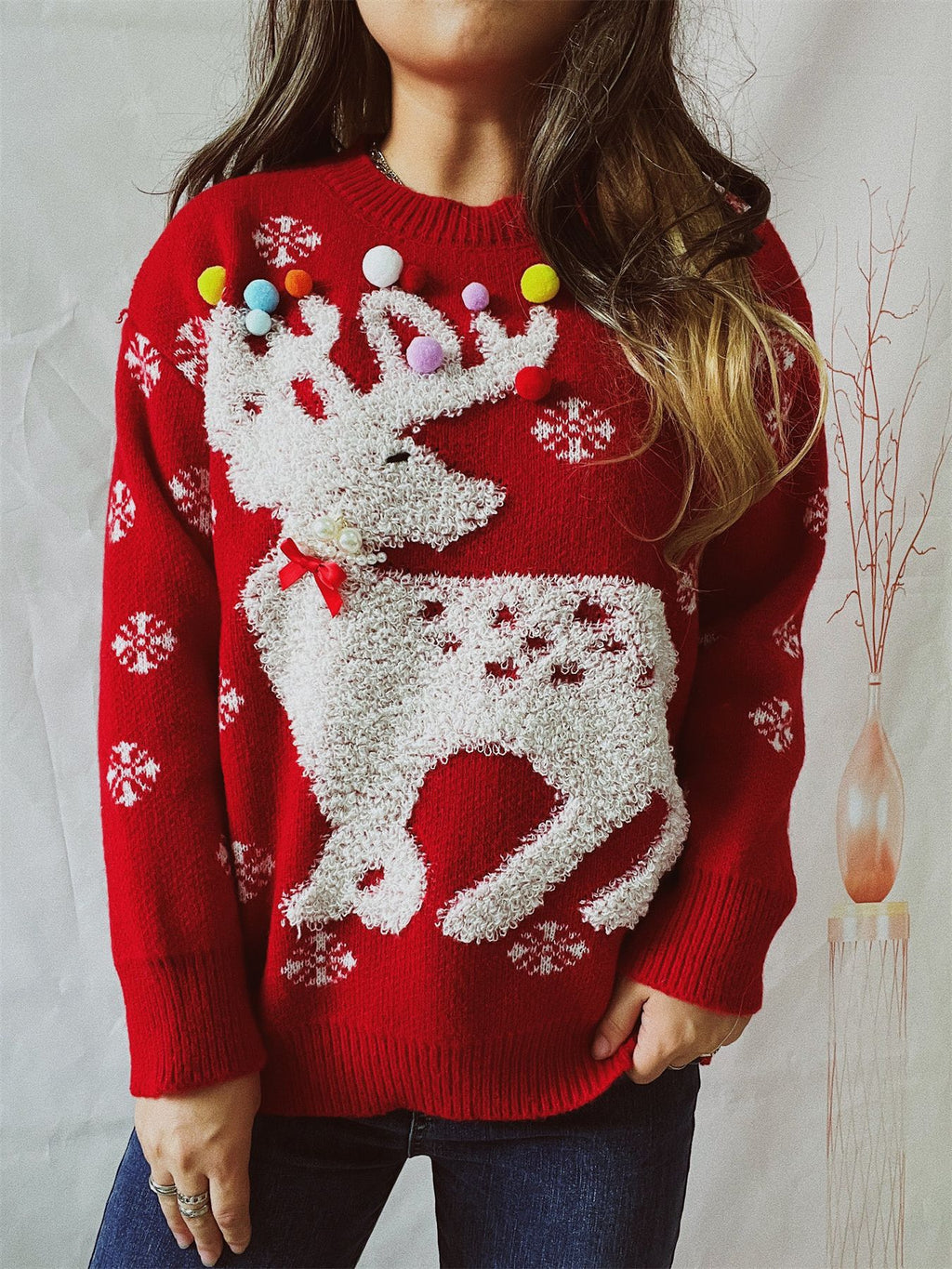 Pom Pom Reindeer Snowflake Knit Sweater - Red