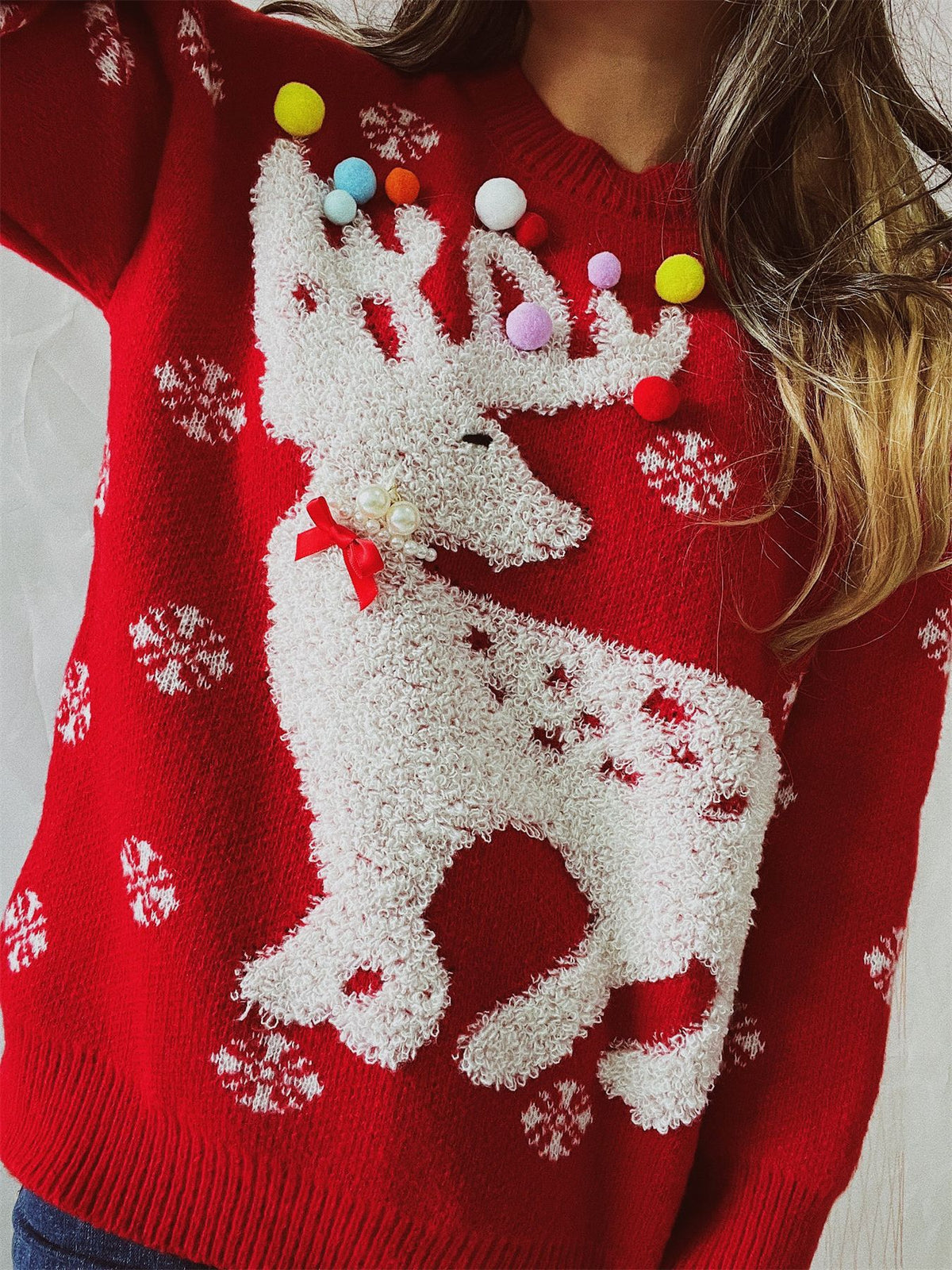 Pom Pom Reindeer Snowflake Knit Sweater - Red - 1