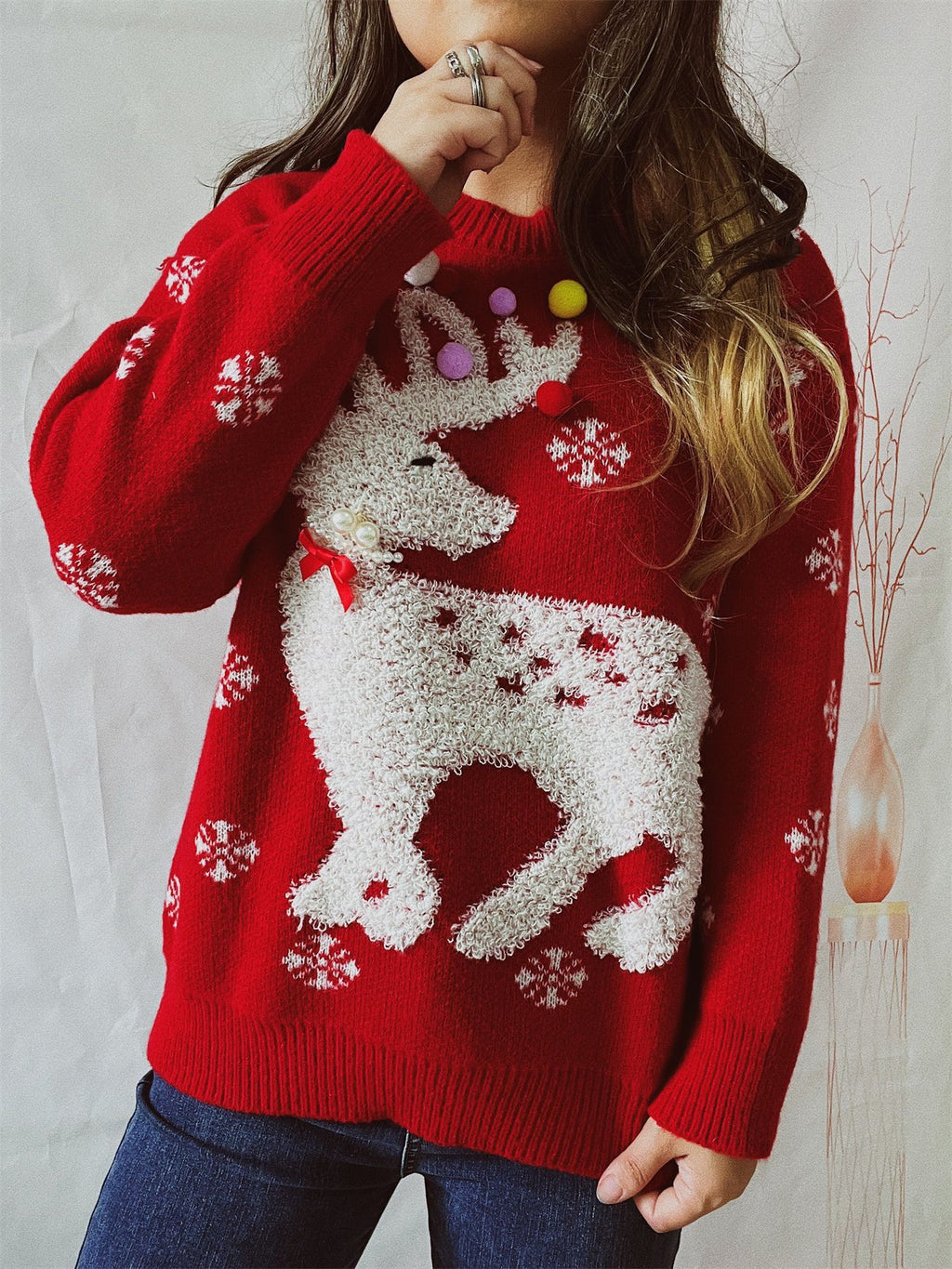 Pom Pom Reindeer Snowflake Knit Sweater - Red - 2