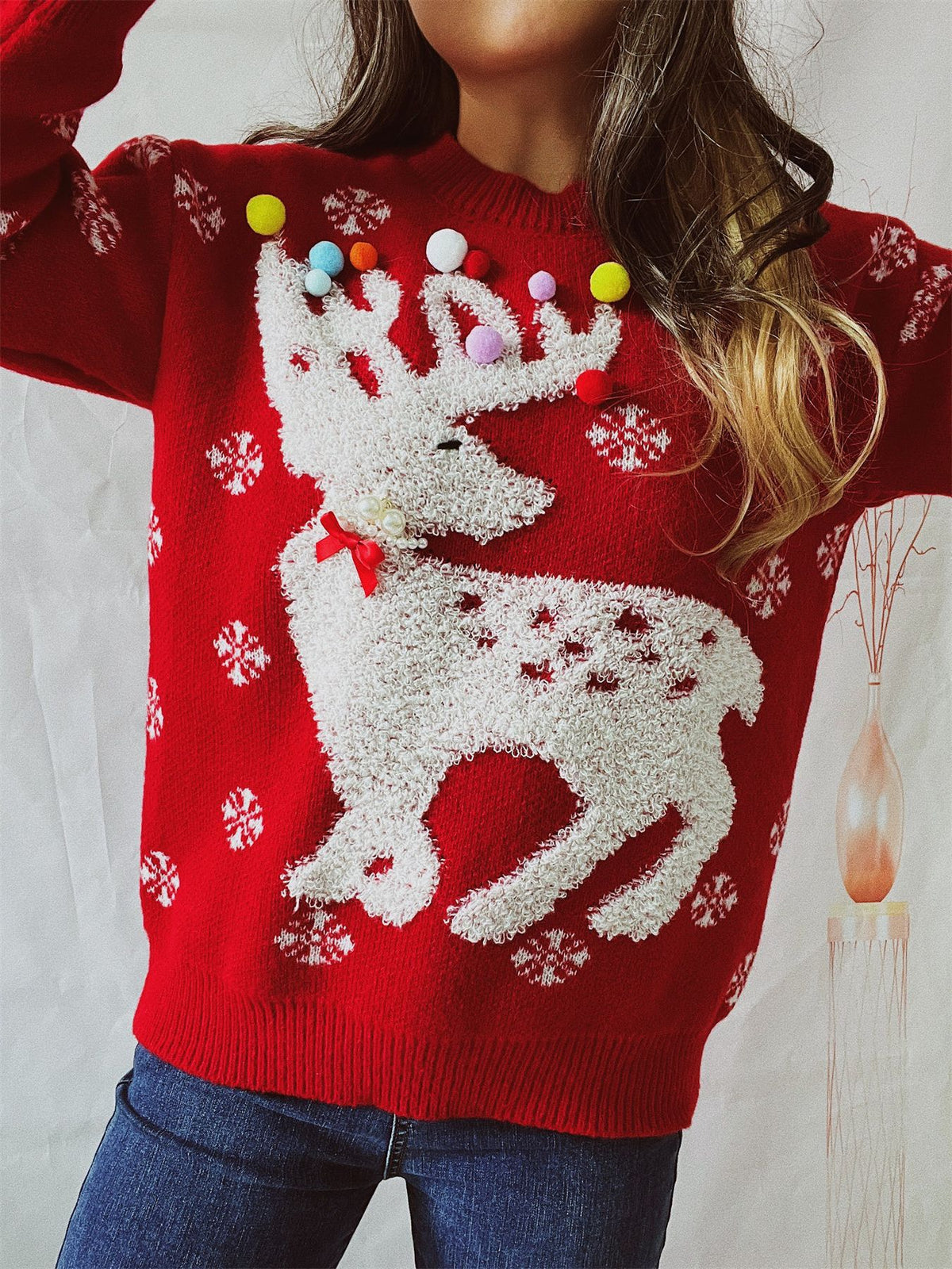 Pom Pom Reindeer Snowflake Knit Sweater - Red - 3