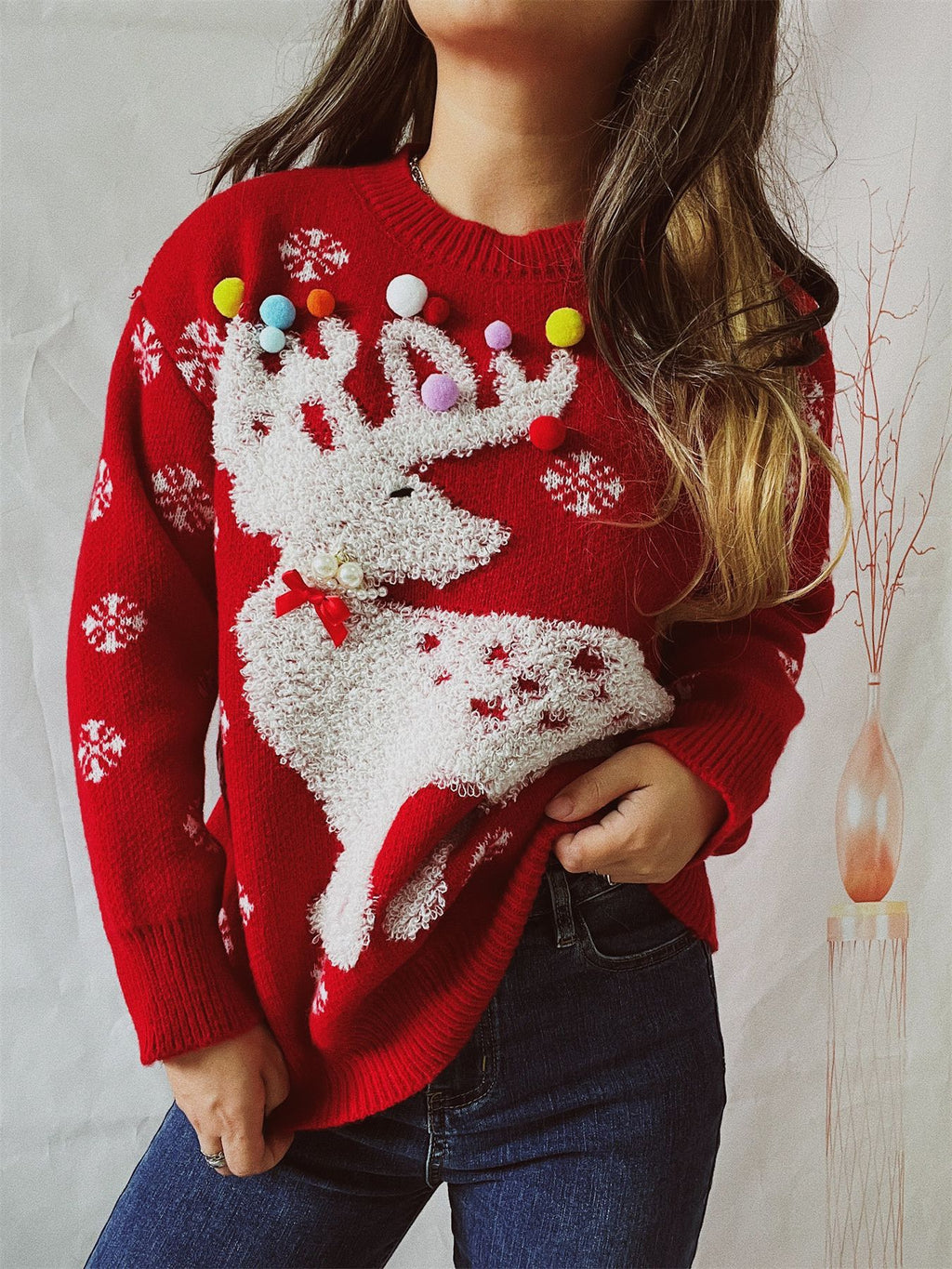 Pom Pom Reindeer Snowflake Knit Sweater - Red - 4