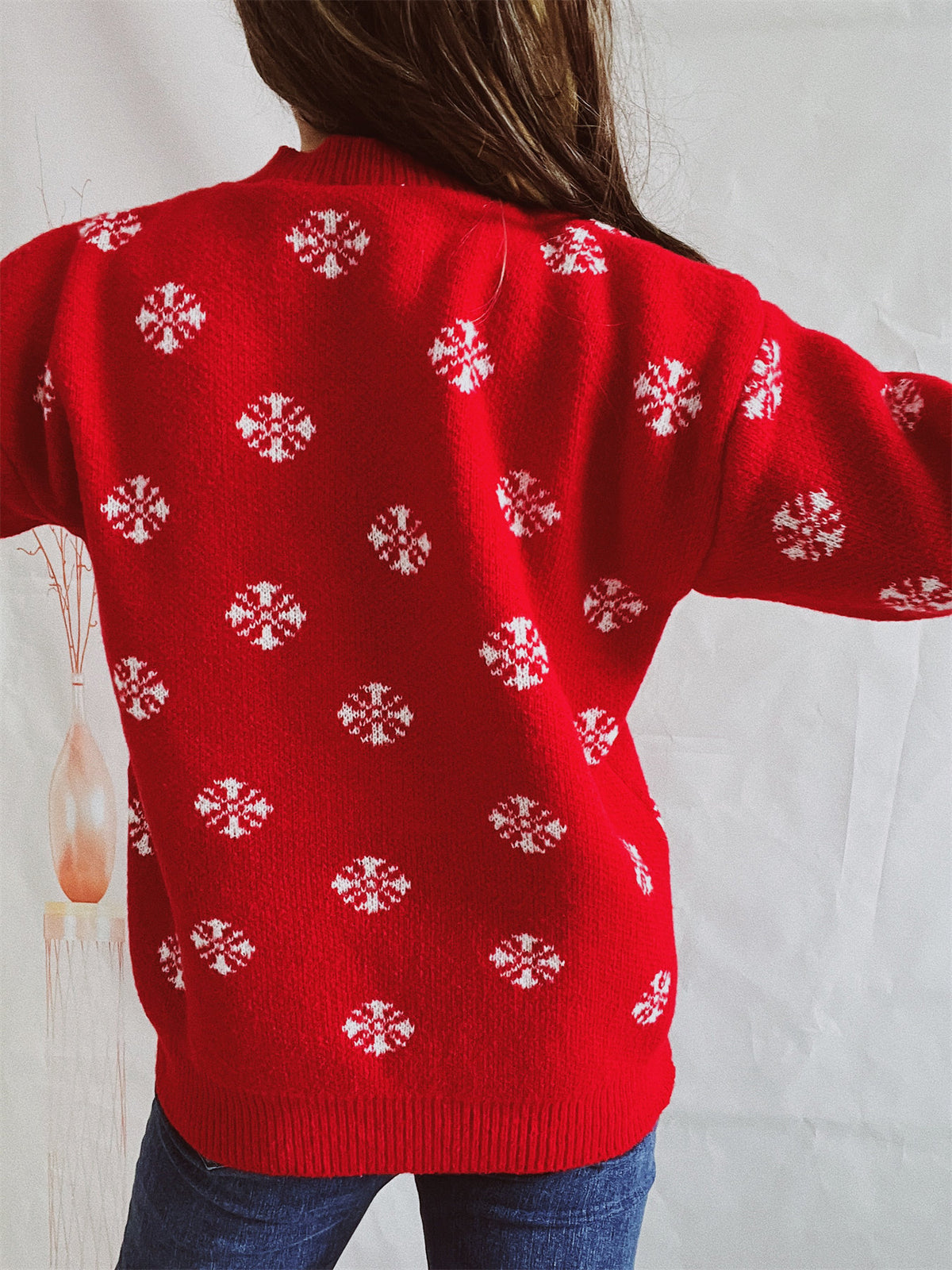 Pom Pom Reindeer Snowflake Knit Sweater - Red - 5