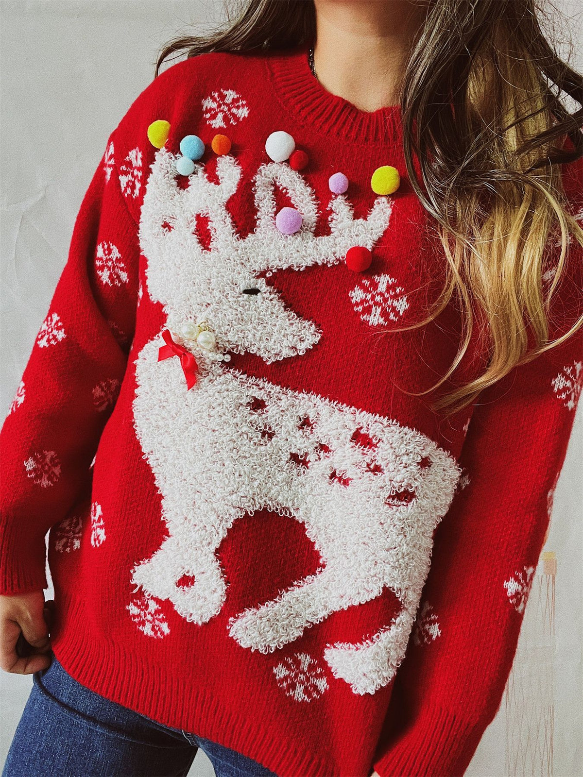 Pom Pom Reindeer Snowflake Knit Sweater - Red - 6