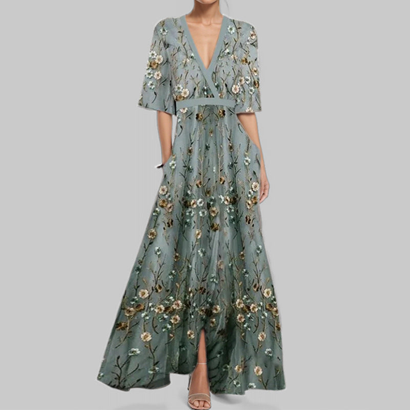 Half Sleeve Surplice Flared Maxi Dress - Grey