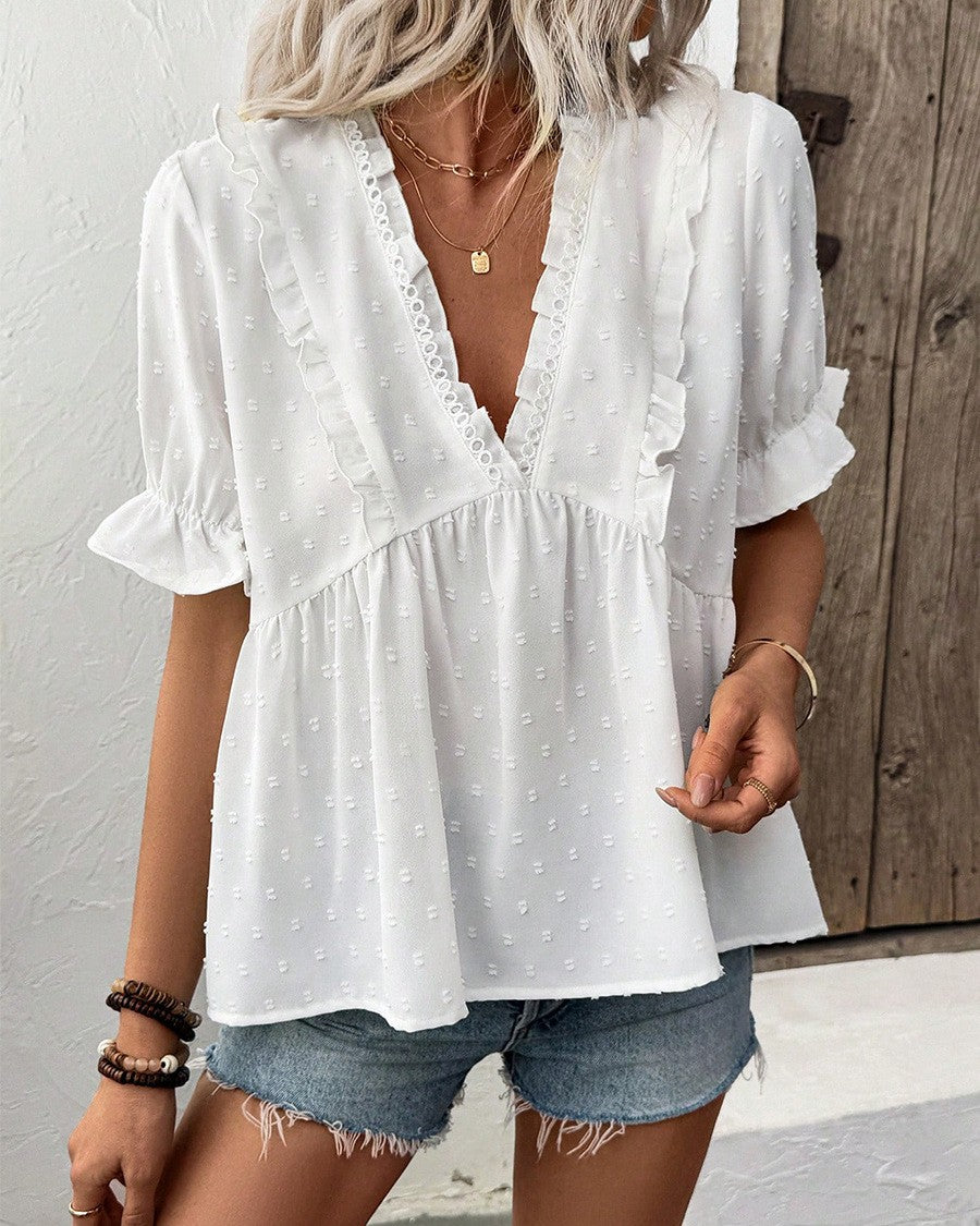 Ruffle Trim Swiss Dot Peplum Top - White - 2
