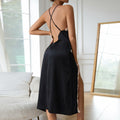 Satin Lace Applique Cross Back Midi Slip Nightgown