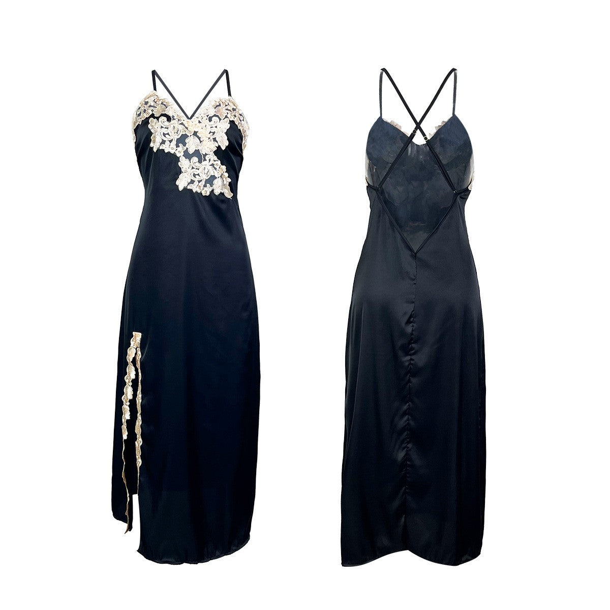 Satin Lace Applique Cross Back Midi Slip Nightgown