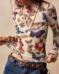 Long Sleeve Mesh T-Shirt with Butterfly Print - White