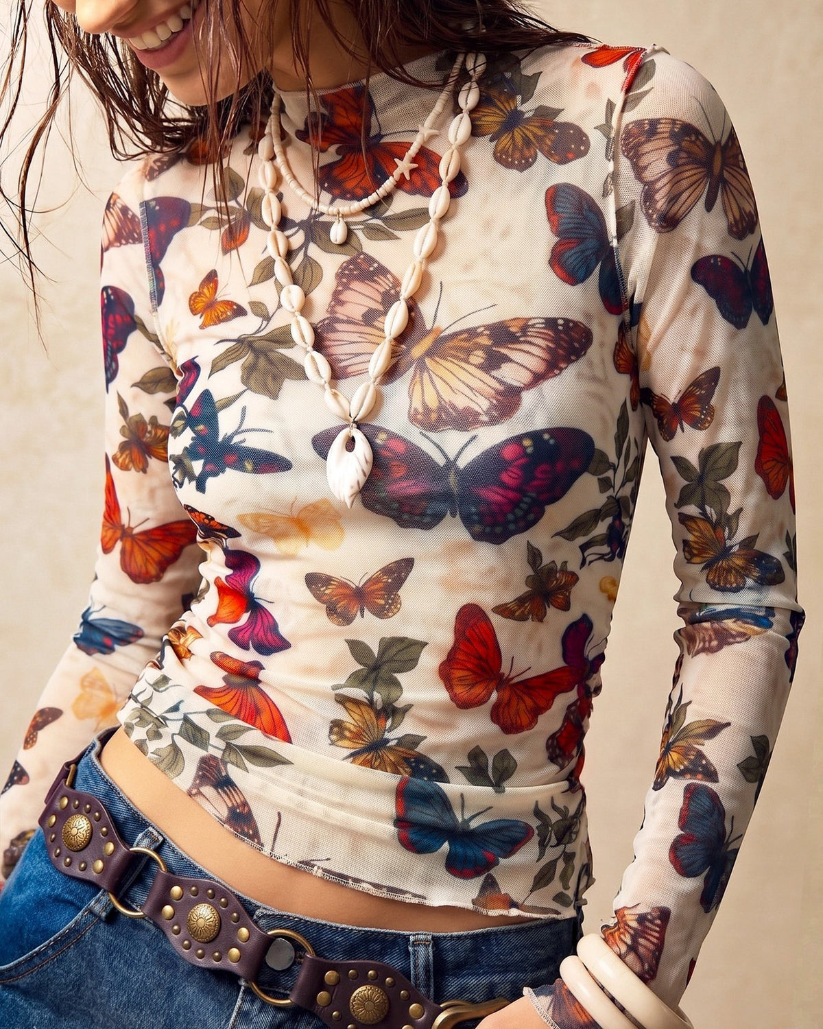 Long Sleeve Mesh T-Shirt with Butterfly Print - White - 1