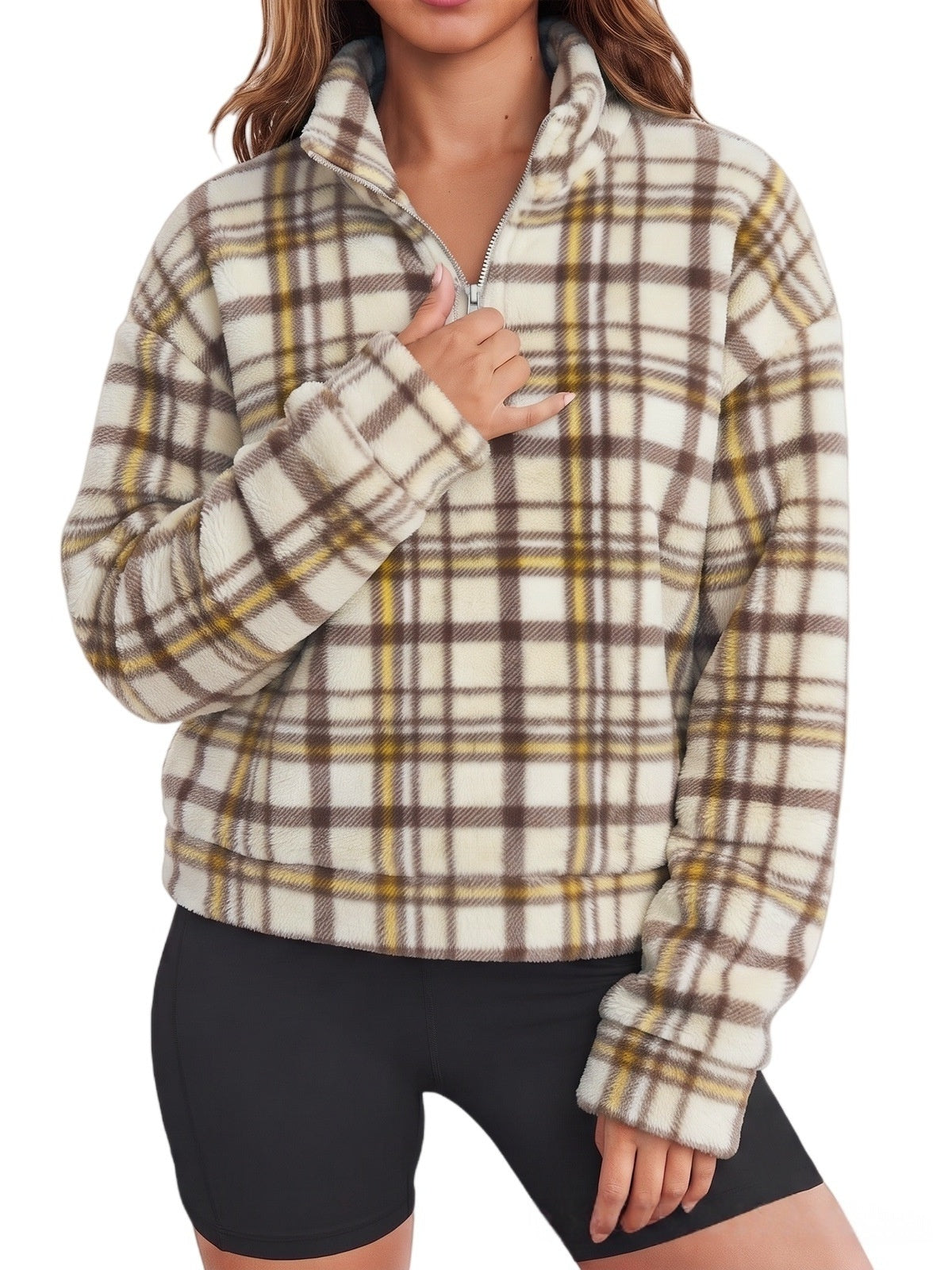 Cozy Plaid Fleece Quarter Zip Pullover - Khaki