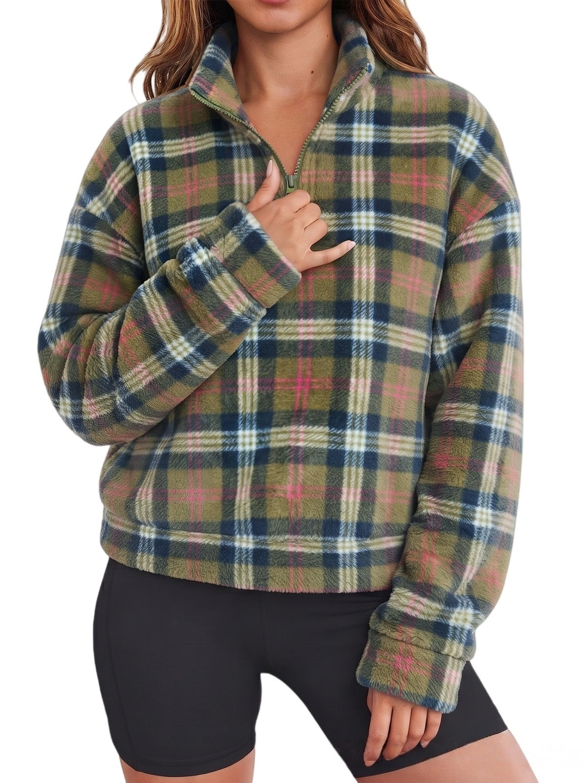 Cozy Plaid Fleece Quarter Zip Pullover - Olive