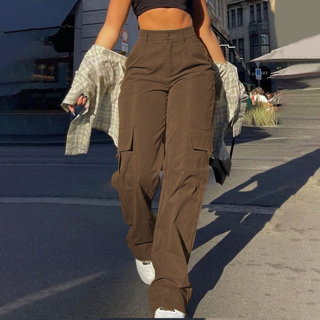 High Waist Flap Pocket Cargo Pants - Brown