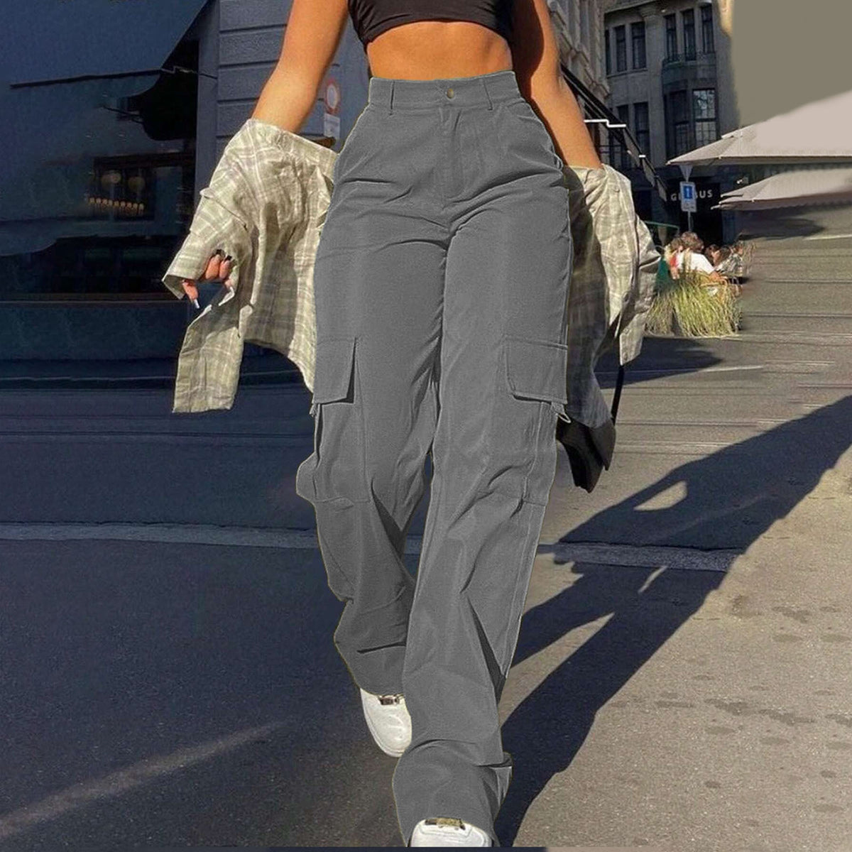 High Waist Flap Pocket Cargo Pants - DarkGray