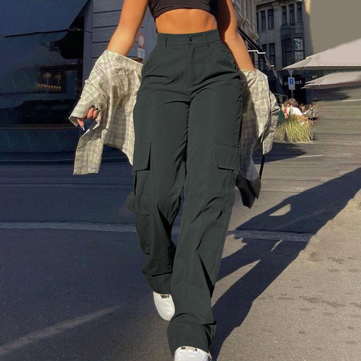 High Waist Flap Pocket Cargo Pants - Graphite