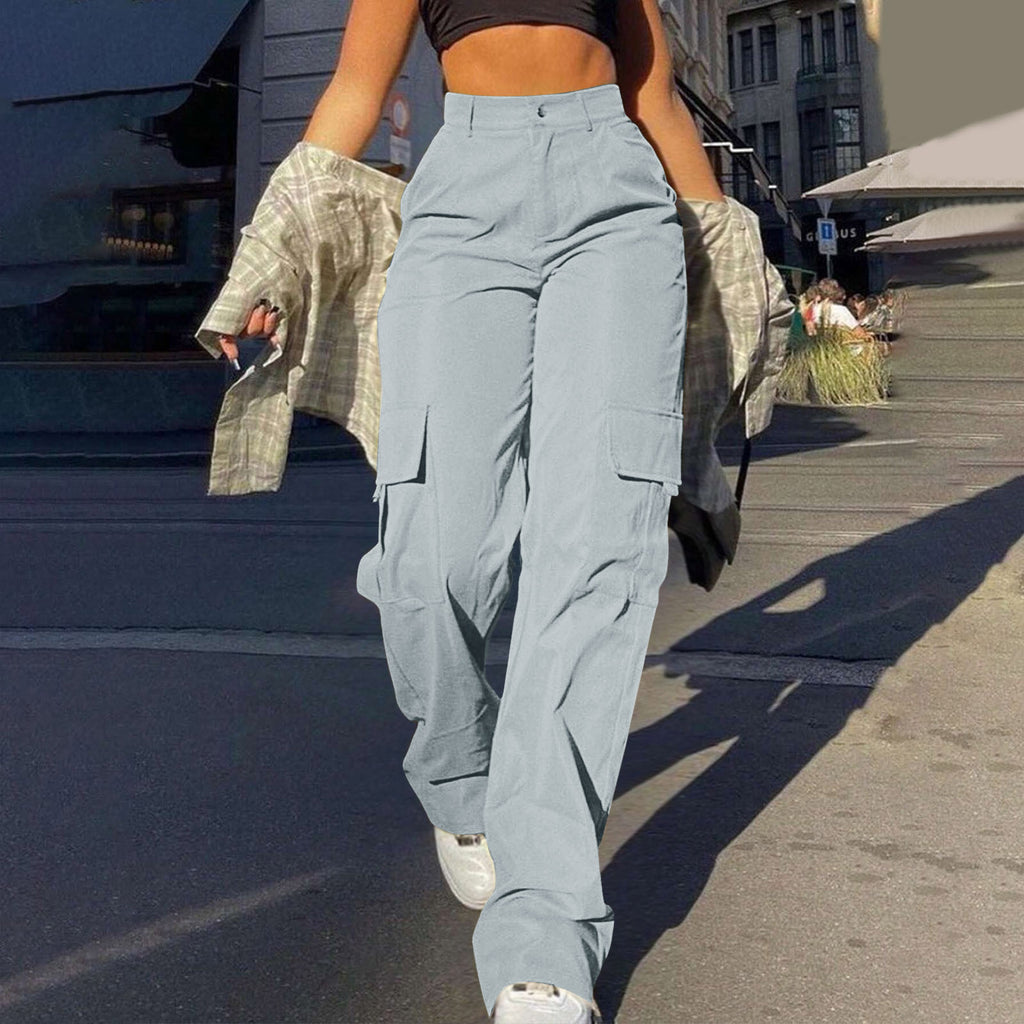 High Waist Flap Pocket Cargo Pants - Grey