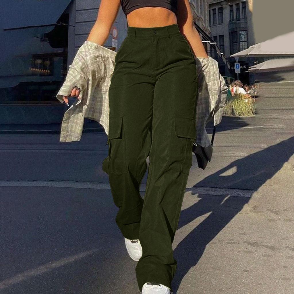 High Waist Flap Pocket Cargo Pants - MGreen