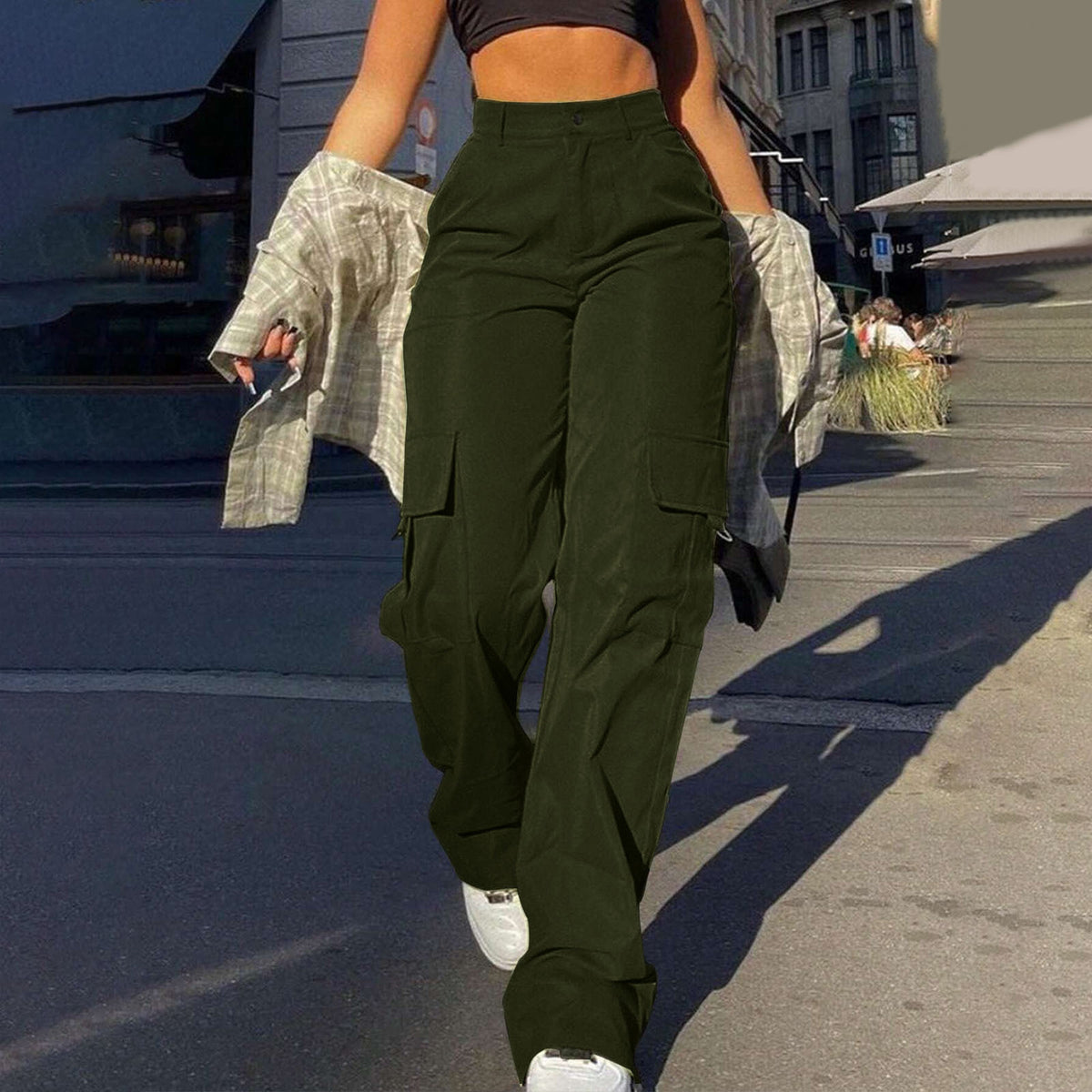 High Waist Flap Pocket Cargo Pants - MGreen