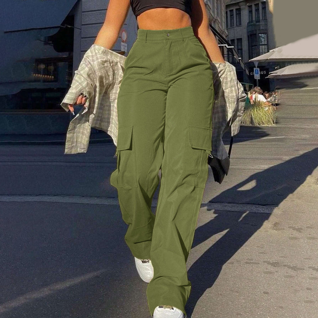 High Waist Flap Pocket Cargo Pants - Olive