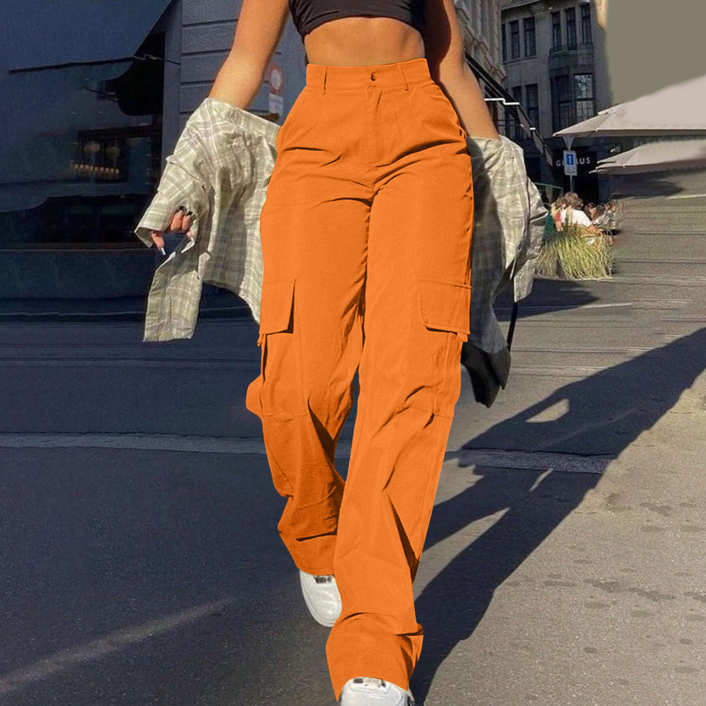 High Waist Flap Pocket Cargo Pants - Orange