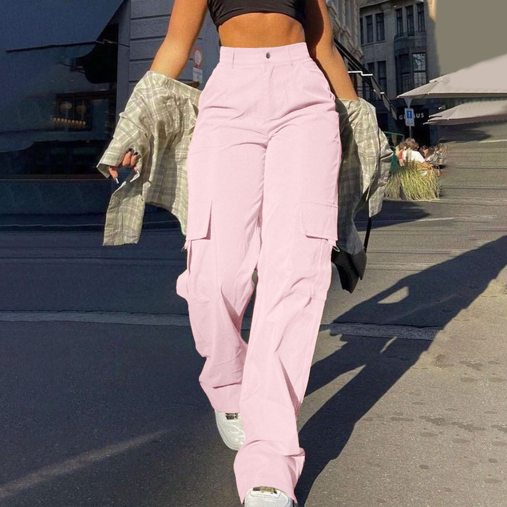 High Waist Flap Pocket Cargo Pants - Pink