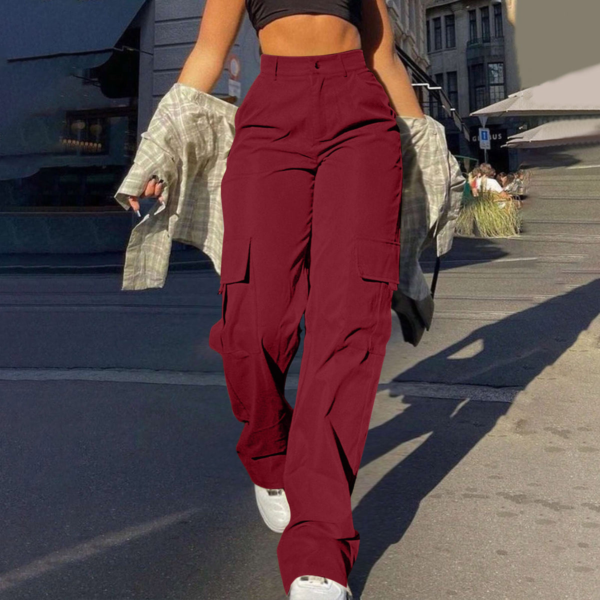 High Waist Flap Pocket Cargo Pants - Wine_red