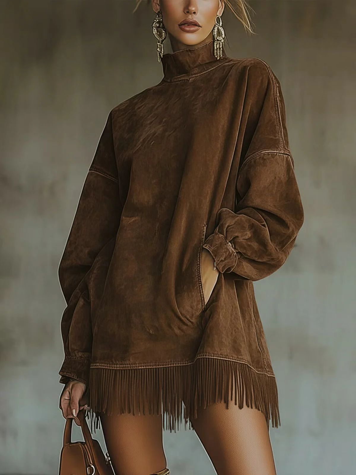 Fringe Hem Turtleneck Faux Suede Dress - Brown
