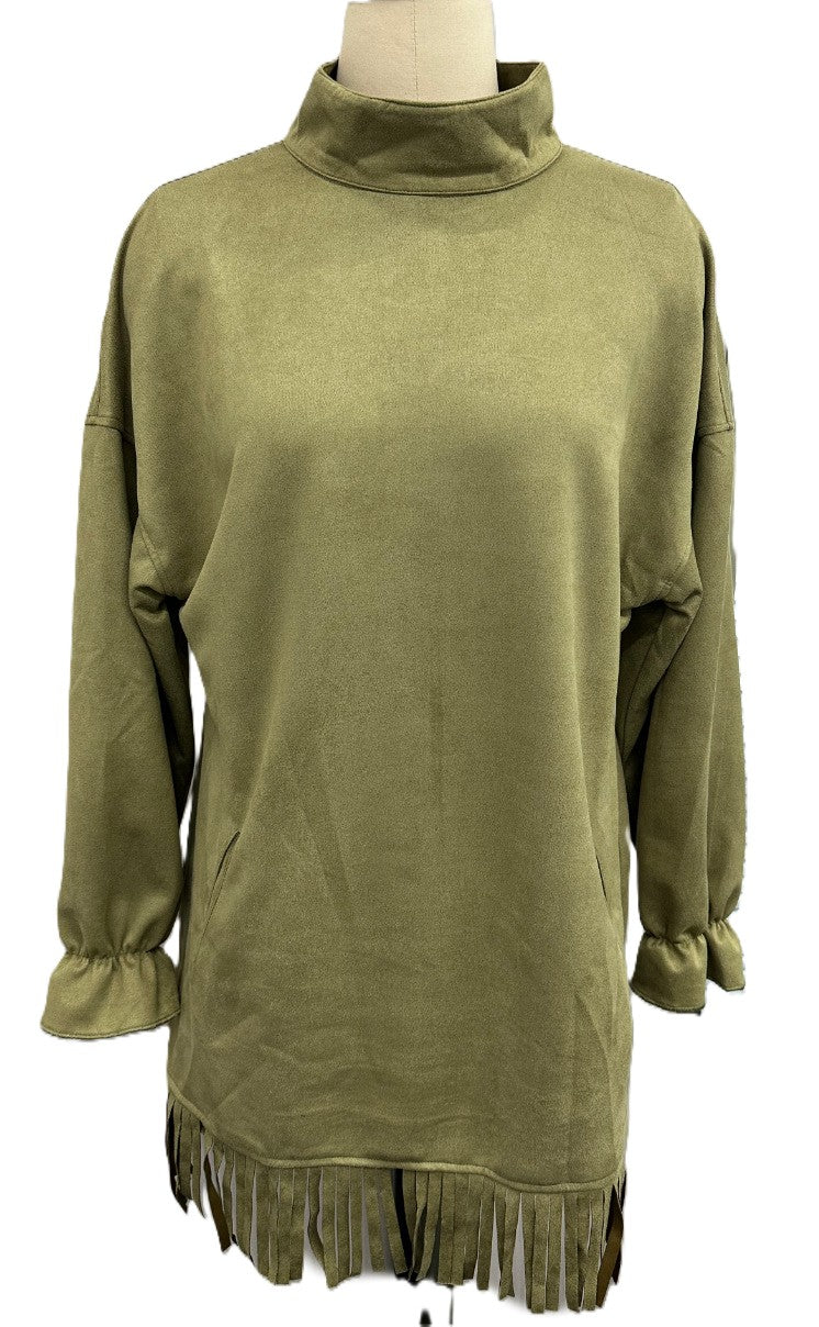 Fringe Hem Turtleneck Faux Suede Dress - Green
